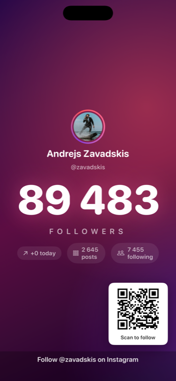 Classic glow style — big glowing follower count with profile and stats